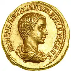 Golden coin depicting Diadumenian, who is in profile facing right