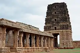 mandapa pillars with gopura in background