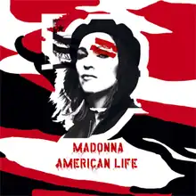 Faraway image of a bust of Madonna wearing a black beret and a black jacket half-open. Behind her, multiple lines in red and black can be seen.