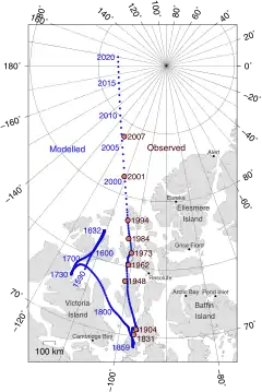 Image 30The movement of Earth's North Magnetic Pole across the Canadian arctic. (from Earth's magnetic field)