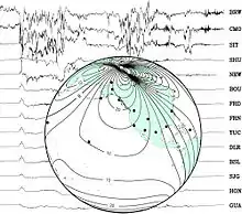 Image 4Background: a set of traces from magnetic observatories showing a magnetic storm in 2000. Globe: map showing locations of observatories and contour lines giving horizontal magnetic intensity in μ T. (from Earth's magnetic field)