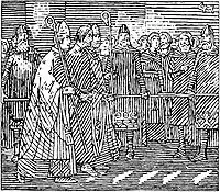 Black and white illustration of a man being led across ploughshare during an ordeal