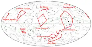 Some major asterisms, featuring many of  the brightests stars in the night sky on a celestial map.