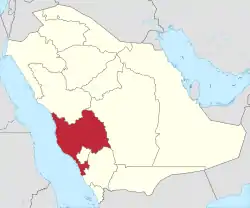 Map of Saudi Arabia with the Mecca Region  highlighted in red