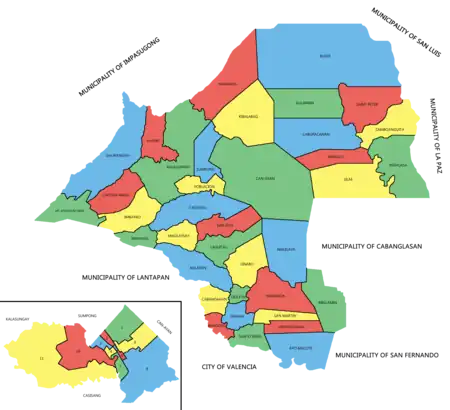 Political map of Malaybalay City showing the 46 barangays under its jurisdiction. Poblacion district is enlarged below left. All boundaries are approximate and are not authoritative.