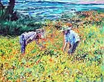 Rita Asfour and her daughter Amber picking weeds in the backyard of their house in Malibu