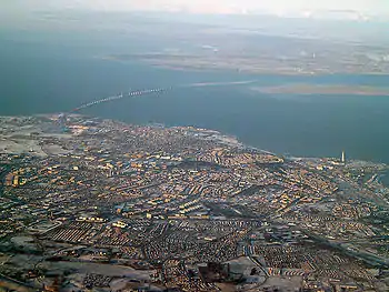 Aerial view of bi-national Medicon Valley, straddling the Öresund strait, between Sweden and Denmark.