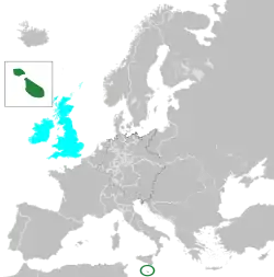 Europe in 1815, Malta in dark green, United Kingdom in cyan