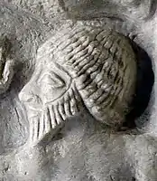 A prisoner from Lagash, c. 2270 BC, on the Victory Stele. The same hairstyle can be seen in other statues from Lagash.
