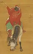 Man wearing a red Mongol robe with underarm openings. The green under-robe is visible under the red Haiqing. Images from the painting Khubilai Khan Hunting.
