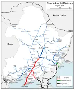 Map of Manchukuo and its rail network, c. 1945