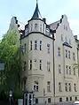 Around 1900 built gothic corner building in the Mandlstraße 28, headquarter of the German camping club