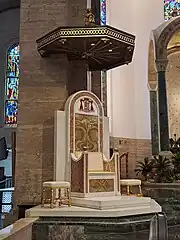 Restored cathedra with the coat of arms of Cardinal Jose Advincula in April 2023