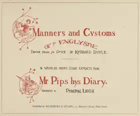 Title page of a Victorian book, with hand-drawn lettering giving the full title: "Ye manners and customs of ye Englyshe: drawn from ye quick by Richard Doyle, to which be added some extracts from Mr. Pips his Diary, contributed by Percival Leigh"