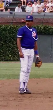 A brown-skinned man wearing a blue baseball jersey and cap and white pinstriped baseball pants