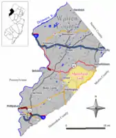 Location of Mansfield Township in Warren County highlighted in yellow (right). Inset map: Location of Warren County in New Jersey highlighted in black (left).