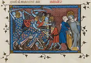 A mounted knight fights against footmen, while a crowned man is carried from the battlefield.