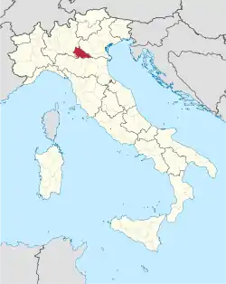 Map highlighting the location of the province of Mantua in Italy