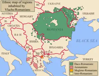 Map of Southeastern Europe, depicting the modern borders and the places where Balkan Romance languages were recently spoken