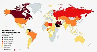 A map of world oil reserves according to U.S. EIA, 2017