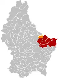 Map of Luxembourg with Beaufort highlighted in orange, and the canton in dark red