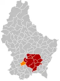 Map of Luxembourg with Bertrange highlighted in orange, and the canton in dark red