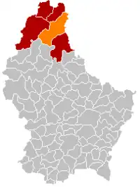 Map of Luxembourg with Clervaux highlighted in orange, and the canton in dark red