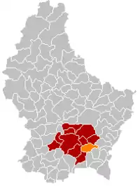 Map of Luxembourg with Contern highlighted in orange, and the canton in dark red