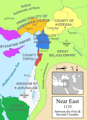 The Kingdom of Jerusalem and the other Crusader states in the context of the Near East in 1135.