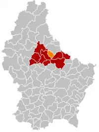 Map of Luxembourg with Diekirch highlighted in orange, and the canton in dark red