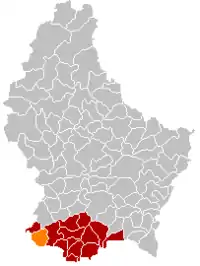 Map of Luxembourg with Differdange highlighted in orange, and the canton in dark red