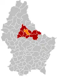 Map of Luxembourg with Erpeldange highlighted in orange, and the canton in dark red