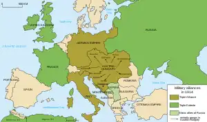 The Triple Entente (green)  and the Triple Alliance (brown) in 1914: United Kingdom France
 Russia