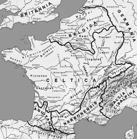 Map of Gaul with tribes, 1st century BC; the Lemovices are circled.