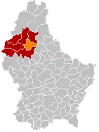 Map of Luxembourg with Goesdorf highlighted in orange, and the canton in dark red