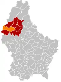 Map of Luxembourg with Lac de la Haute-Sûre highlighted in orange, and the canton in dark red