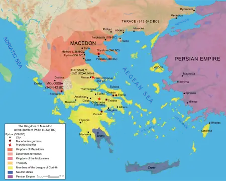 The Kingdom of Macedonia in 336 BC (orange)