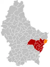 Map of Luxembourg with Mertert highlighted in orange, and the canton in dark red