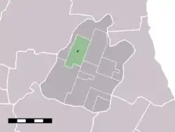 The town centre (dark green) and the statistical district (light green) of Westbeemster in the former municipality of Beemster.