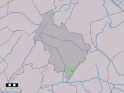 The village centre (dark green) and the statistical district (light green) of Nieuw-Balinge in the municipality of Midden-Drenthe.