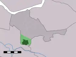 The town centre (dark green) and the statistical district (light green) of Hoevelaken in the municipality of Nijkerk.