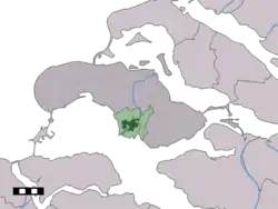 The town centre (dark green) and the statistical district (light green) of Zierikzee in the municipality of Schouwen-Duiveland.