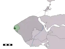 The village centre (dark green) and the statistical district (light green) of Westkapelle in the municipality of Veere.