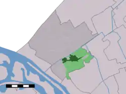 The village centre (dark green) and the statistical district (light green) of De Lier in the municipality of Westland.