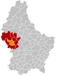 Map of Luxembourg with Redange highlighted in orange, and the canton in dark red