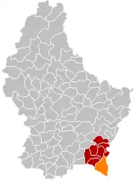 Map of Luxembourg with Schengen highlighted in orange, and the canton in dark red