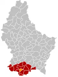 Map of Luxembourg with Schifflange highlighted in orange, and the canton in dark red