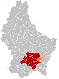 Map of Luxembourg with Schuttrange highlighted in orange, and the canton in dark red