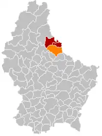 Map of Luxembourg with Tandel highlighted in orange, and the canton in dark red