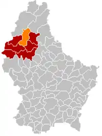 Map of Luxembourg with Wiltz highlighted in orange, and the canton in dark red